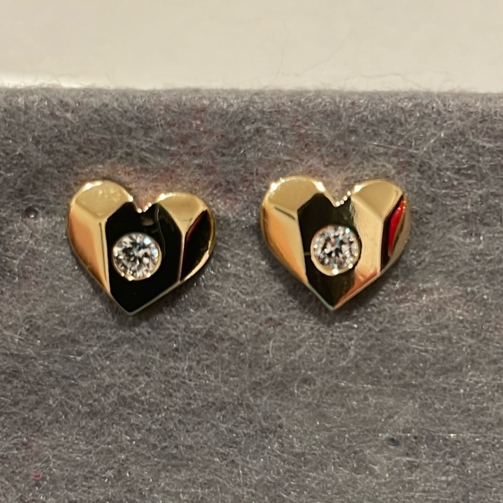 Gold Heart Stud Earrings with Clear Crystal Center